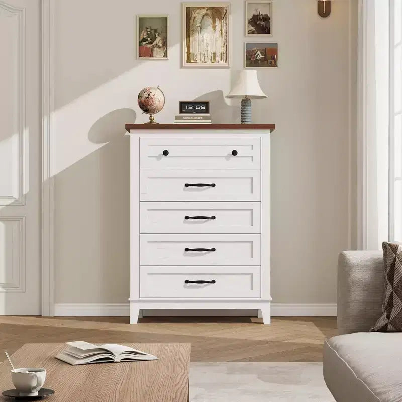 Cassettiera verticale autoportante alta 105 cm con cassetti, cassettiera in legno per soggiorno, camera da letto, ingresso, camera da letto, bianco + marrone