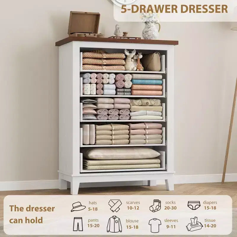 Cassettiera verticale autoportante alta 105 cm con cassetti, cassettiera in legno per soggiorno, camera da letto, ingresso, camera da letto, bianco + marrone
