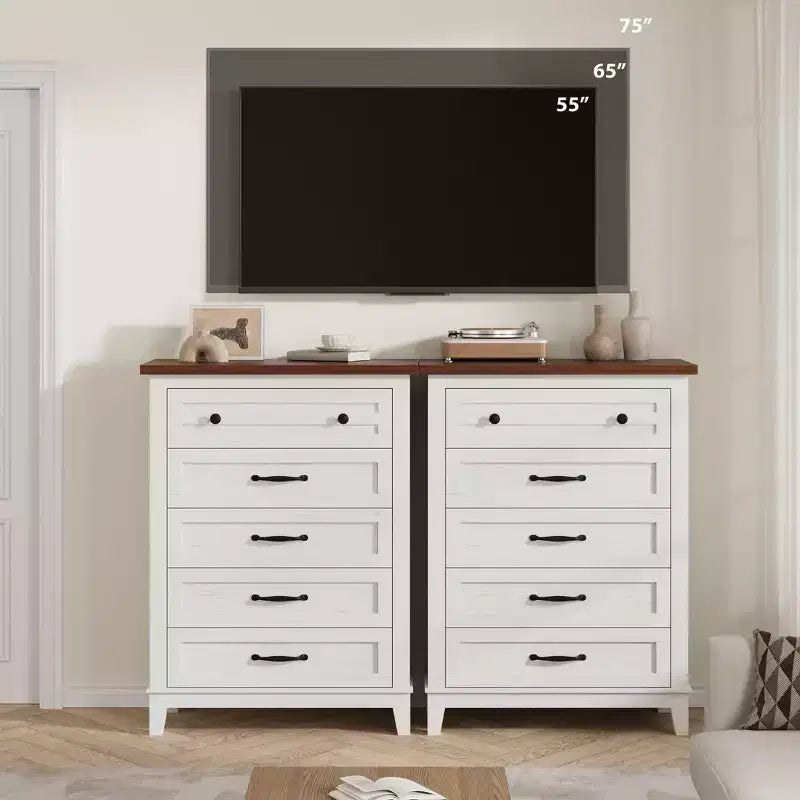 Cassettiera verticale autoportante alta 105 cm con cassetti, cassettiera in legno per soggiorno, camera da letto, ingresso, camera da letto, bianco + marrone