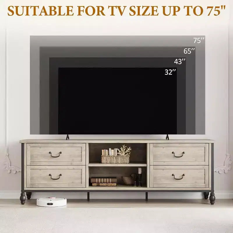 Mobile TV moderno di metà secolo da 70 pollici, centro di intrattenimento con colonne romane in metallo e cassetto, tavolo console TV per soggiorno, grigio rustico