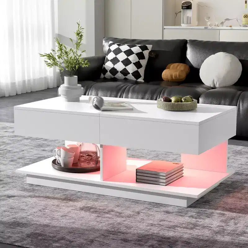 Tavolino da caffè allungabile Bestier con contenitore, tavolino da caffè moderno illuminato a LED con scomparto nascosto, ripiano aperto per soggiorno, tavolo centrale da pranzo