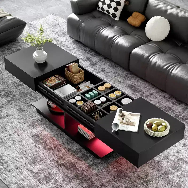 Bestier Extendable Coffee Table with Storage, Modern LED Lighted Coffee Table with Hidden Compartment, Open Shelf for Living Room, Dining Center Table