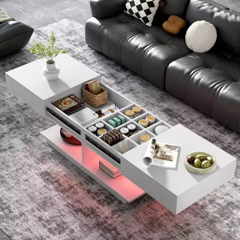 Tavolino da caffè allungabile Bestier con contenitore, tavolino da caffè moderno illuminato a LED con scomparto nascosto, ripiano aperto per soggiorno, tavolo centrale da pranzo