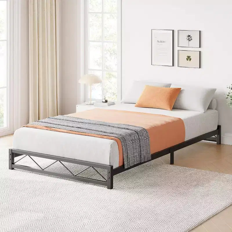 Struttura Letto con Piattaforma in Metallo con Testiera e Pediera Ondulate, Supporto a Doghe in Acciaio, Senza Rumore, Nessuna Rete a Molle Necessaria, Singolo/Matrimoniale Francese/Queen/King