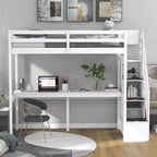 Letto a soppalco singolo con scala contenitore e scrivania integrata, struttura letto a soppalco alta con gradini per bambini, ragazzi e adulti