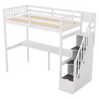Letto a soppalco singolo con scala contenitore e scrivania integrata, struttura letto a soppalco alta con gradini per bambini, ragazzi e adulti