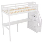 Letto a soppalco singolo con scala contenitore e scrivania integrata, struttura letto a soppalco alta con gradini per bambini, ragazzi e adulti