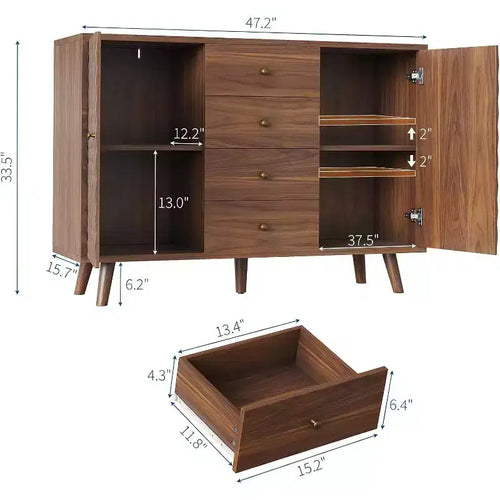 Mobile credenza da 120 cm con 4 cassetti, grande mobile credenza con spazio di archiviazione, mobile credenza rustico in legno con 2 ante, per la casa