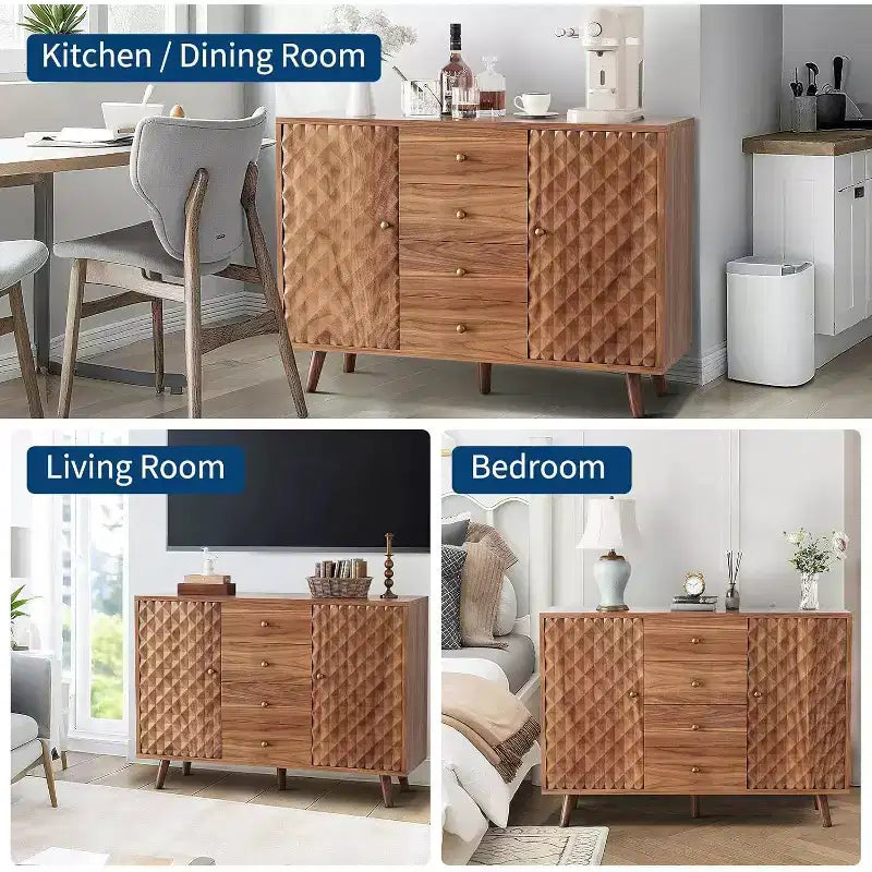 Mobile credenza da 120 cm con 4 cassetti, grande mobile credenza con spazio di archiviazione, mobile credenza rustico in legno con 2 ante, per la casa
