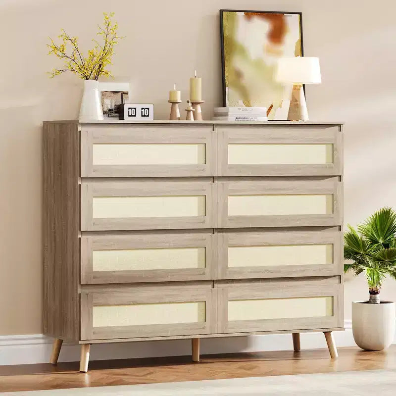 Comò a 8 cassetti per camera da letto, cassettiera in rattan larga 120 cm, organizer in legno, mobile TV per soggiorno e corridoio