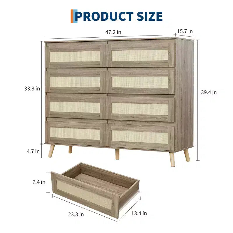 Comò a 8 cassetti per camera da letto, cassettiera in rattan larga 120 cm, organizer in legno, mobile TV per soggiorno e corridoio