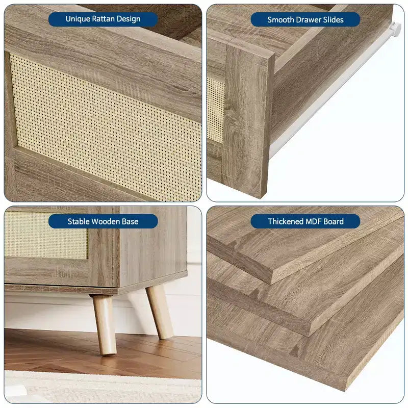Comò a 8 cassetti per camera da letto, cassettiera in rattan larga 120 cm, organizer in legno, mobile TV per soggiorno e corridoio