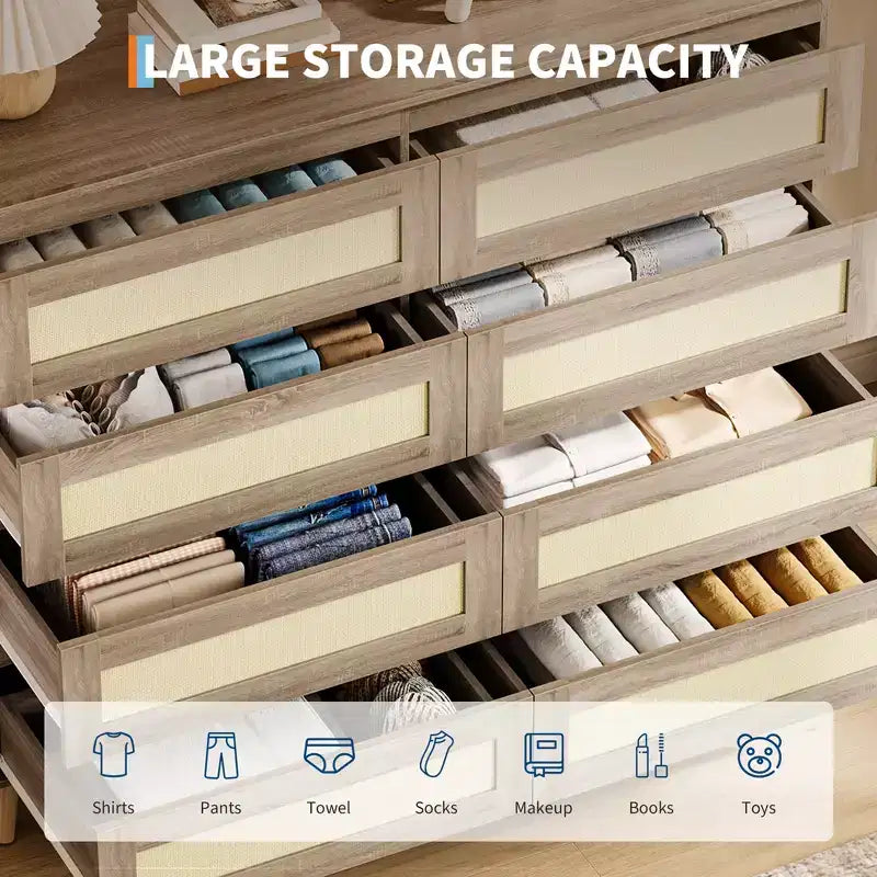 Comò a 8 cassetti per camera da letto, cassettiera in rattan larga 120 cm, organizer in legno, mobile TV per soggiorno e corridoio