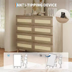 Comò a 8 cassetti per camera da letto, cassettiera in rattan larga 120 cm, organizer in legno, mobile TV per soggiorno e corridoio