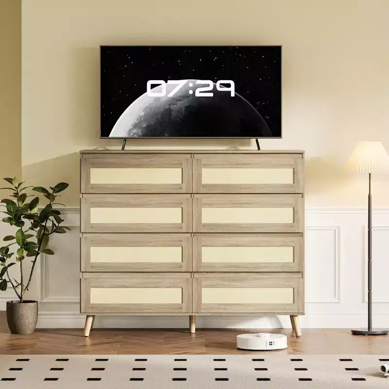Comò a 8 cassetti per camera da letto, cassettiera in rattan larga 120 cm, organizer in legno, mobile TV per soggiorno e corridoio