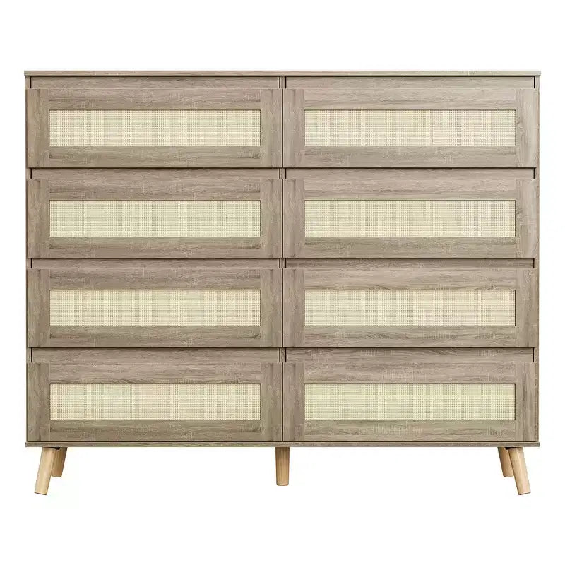 Comò a 8 cassetti per camera da letto, cassettiera in rattan larga 120 cm, organizer in legno, mobile TV per soggiorno e corridoio