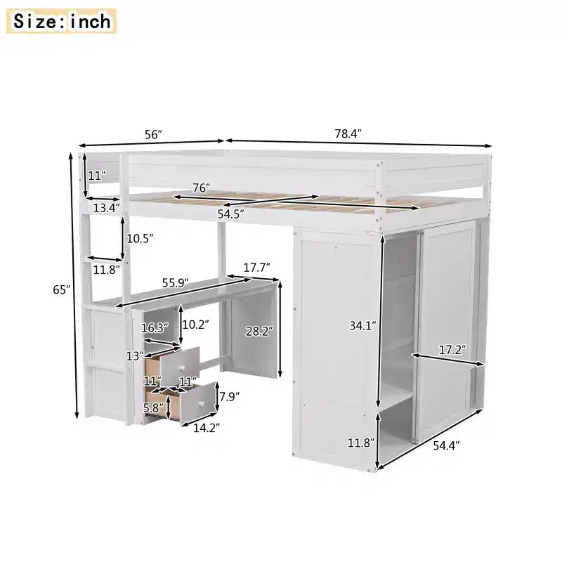Letto a soppalco singolo in legno con armadi e scrivania, struttura letto a soppalco alto con 2 cassetti e armadietto per bambini, ragazzi e adulti