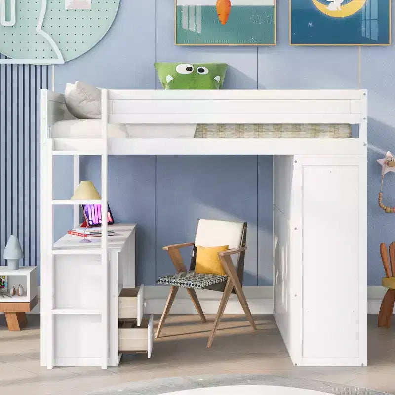 Letto a soppalco singolo in legno con armadi e scrivania, struttura letto a soppalco alto con 2 cassetti e armadietto per bambini, ragazzi e adulti