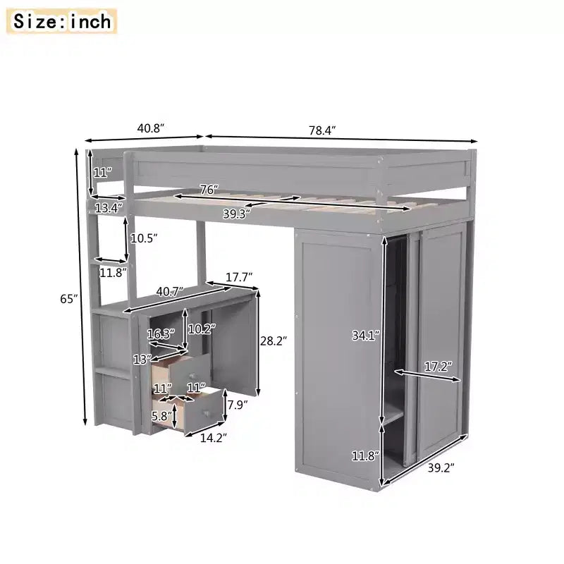 Letto a soppalco singolo in legno con armadi e scrivania, struttura letto a soppalco alto con 2 cassetti e armadietto per bambini, ragazzi e adulti