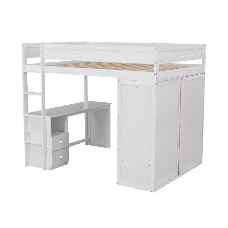 Letto a soppalco singolo in legno con armadi e scrivania, struttura letto a soppalco alto con 2 cassetti e armadietto per bambini, ragazzi e adulti