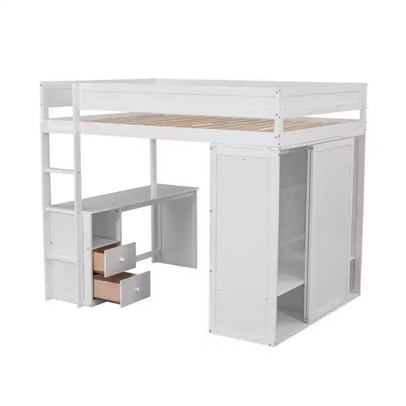 Letto a soppalco singolo in legno con armadi e scrivania, struttura letto a soppalco alto con 2 cassetti e armadietto per bambini, ragazzi e adulti