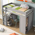 Letto a soppalco singolo in legno con armadi e scrivania, struttura letto a soppalco alto con 2 cassetti e armadietto per bambini, ragazzi e adulti