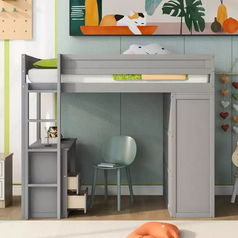 Letto a soppalco singolo in legno con armadi e scrivania, struttura letto a soppalco alto con 2 cassetti e armadietto per bambini, ragazzi e adulti