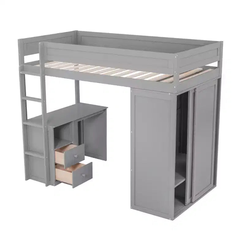 Letto a soppalco singolo in legno con armadi e scrivania, struttura letto a soppalco alto con 2 cassetti e armadietto per bambini, ragazzi e adulti