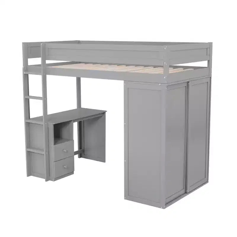 Letto a soppalco singolo in legno con armadi e scrivania, struttura letto a soppalco alto con 2 cassetti e armadietto per bambini, ragazzi e adulti