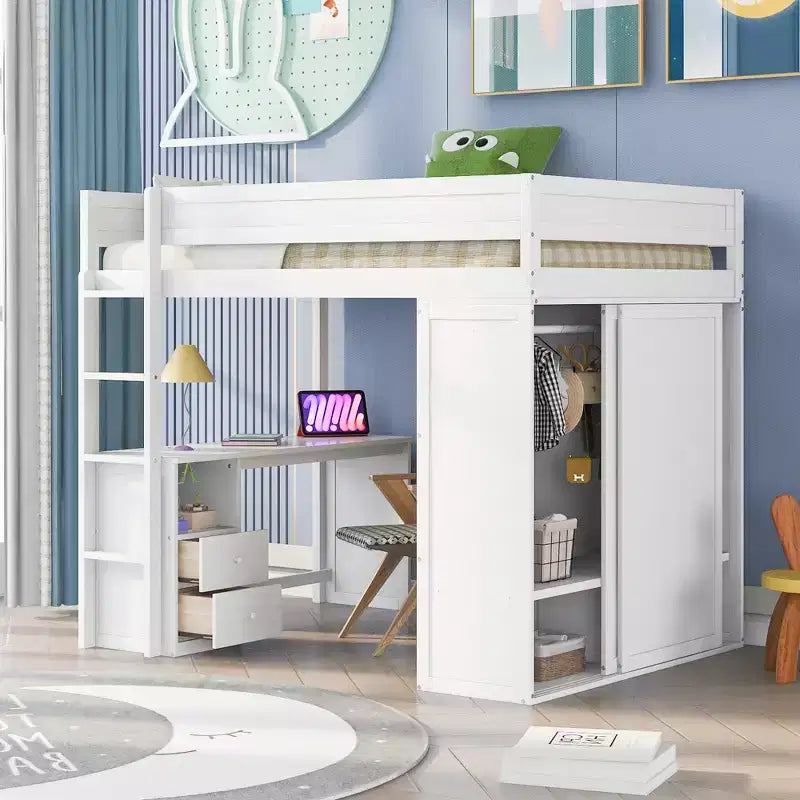 Letto a soppalco singolo in legno con armadi e scrivania, struttura letto a soppalco alto con 2 cassetti e armadietto per bambini, ragazzi e adulti