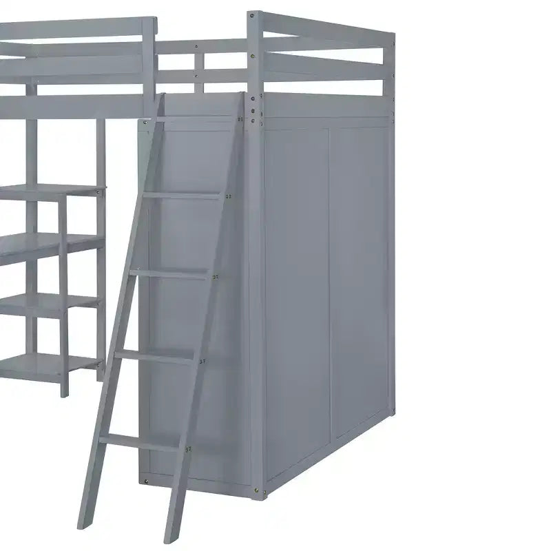Letto a soppalco full size per bambini con armadio e scrivania, struttura a soppalco alta full in legno con mensole portaoggetti