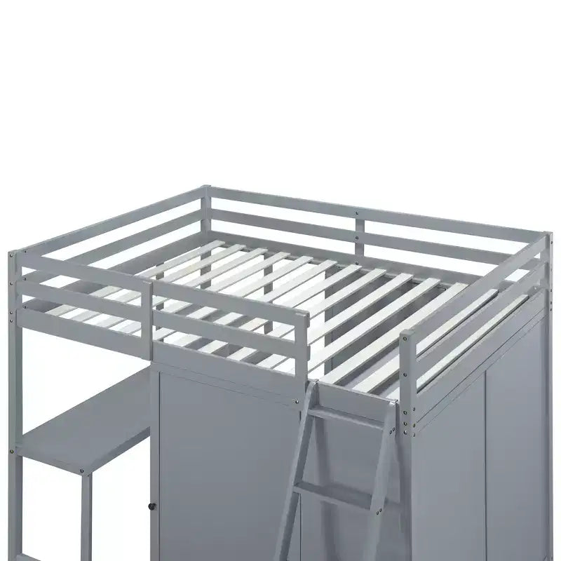 Letto a soppalco full size per bambini con armadio e scrivania, struttura a soppalco alta full in legno con mensole portaoggetti