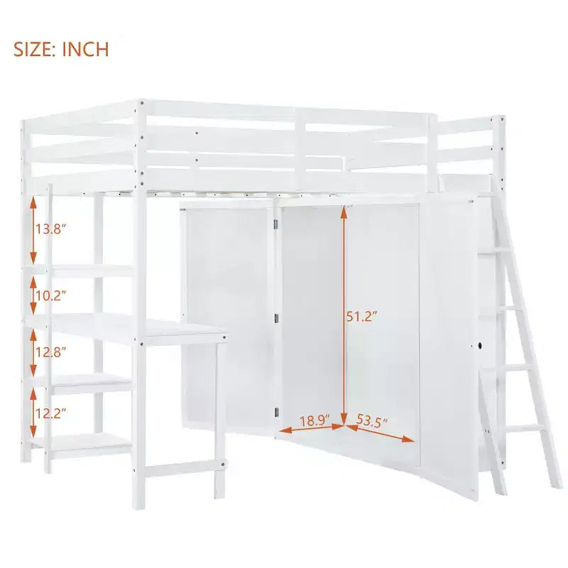 Letto a soppalco full size per bambini con armadio e scrivania, struttura a soppalco alta full in legno con mensole portaoggetti
