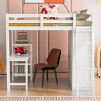 Letto a soppalco full size per bambini con armadio e scrivania, struttura a soppalco alta full in legno con mensole portaoggetti