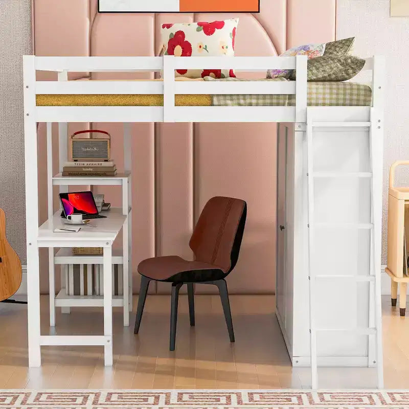 Letto a soppalco full size per bambini con armadio e scrivania, struttura a soppalco alta full in legno con mensole portaoggetti