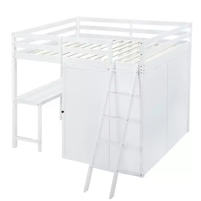 Letto a soppalco full size per bambini con armadio e scrivania, struttura a soppalco alta full in legno con mensole portaoggetti