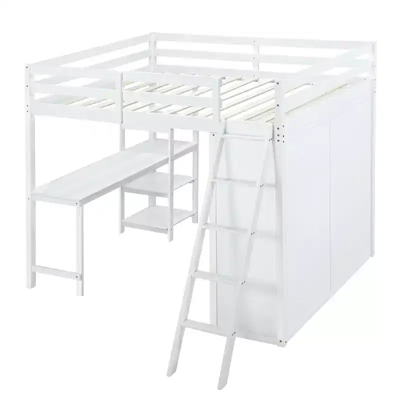 Letto a soppalco full size per bambini con armadio e scrivania, struttura a soppalco alta full in legno con mensole portaoggetti