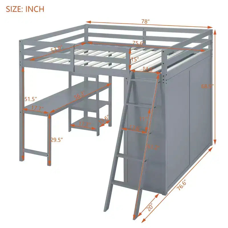 Letto a soppalco full size per bambini con armadio e scrivania, struttura a soppalco alta full in legno con mensole portaoggetti