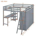 Letto a soppalco full size per bambini con armadio e scrivania, struttura a soppalco alta full in legno con mensole portaoggetti