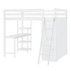 Letto a soppalco full size per bambini con armadio e scrivania, struttura a soppalco alta full in legno con mensole portaoggetti