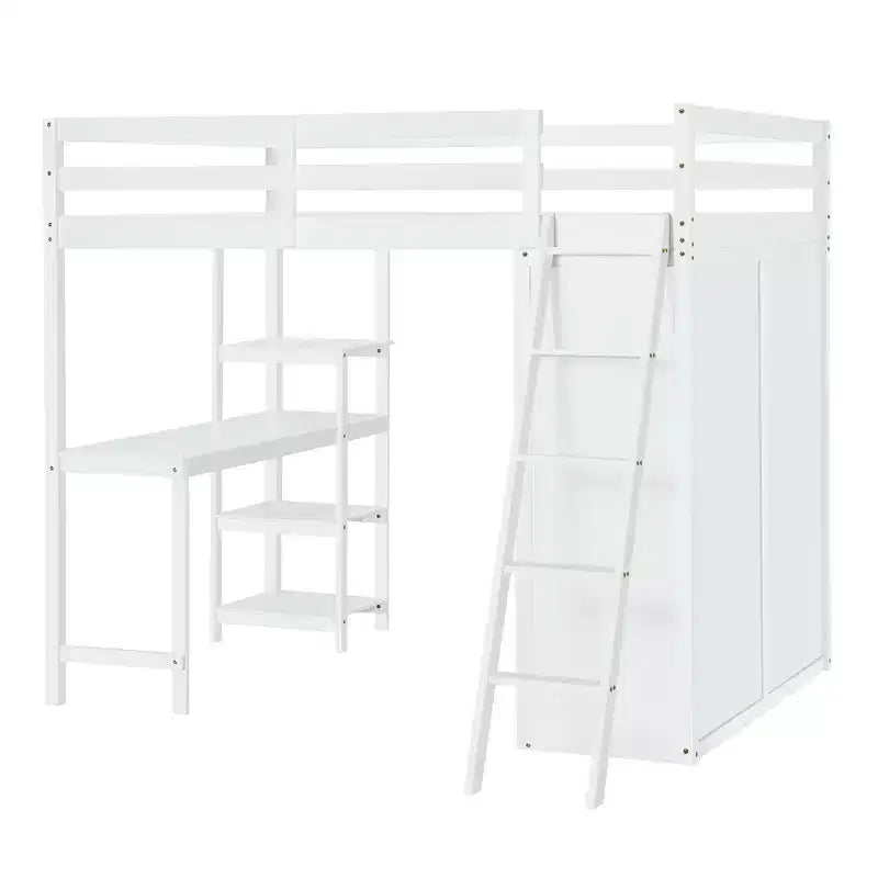 Letto a soppalco full size per bambini con armadio e scrivania, struttura a soppalco alta full in legno con mensole portaoggetti