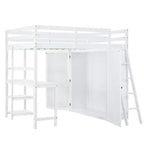 Letto a soppalco full size per bambini con armadio e scrivania, struttura a soppalco alta full in legno con mensole portaoggetti