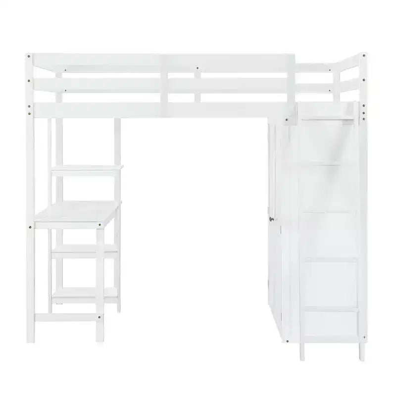 Letto a soppalco full size per bambini con armadio e scrivania, struttura a soppalco alta full in legno con mensole portaoggetti