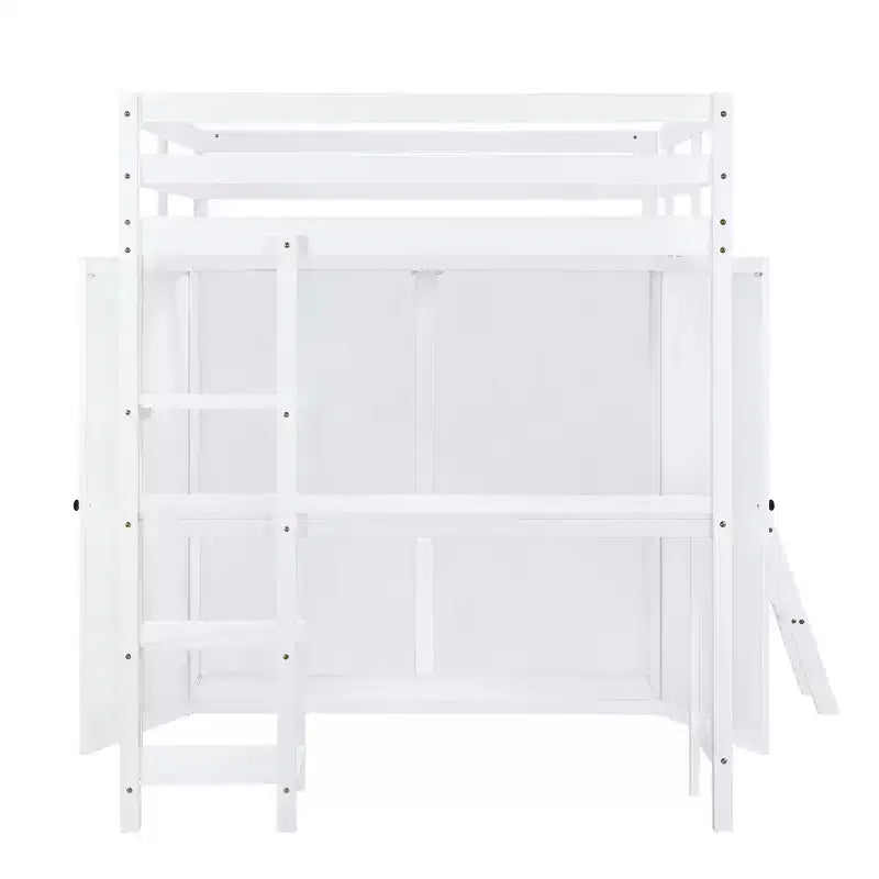 Letto a soppalco full size per bambini con armadio e scrivania, struttura a soppalco alta full in legno con mensole portaoggetti