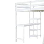 Letto a soppalco full size per bambini con armadio e scrivania, struttura a soppalco alta full in legno con mensole portaoggetti