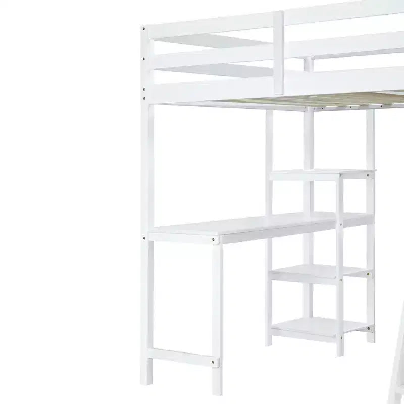 Letto a soppalco full size per bambini con armadio e scrivania, struttura a soppalco alta full in legno con mensole portaoggetti