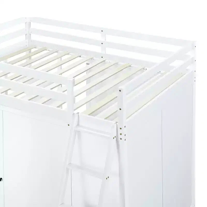 Letto a soppalco full size per bambini con armadio e scrivania, struttura a soppalco alta full in legno con mensole portaoggetti