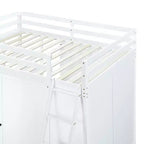 Letto a soppalco full size per bambini con armadio e scrivania, struttura a soppalco alta full in legno con mensole portaoggetti