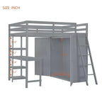 Letto a soppalco full size per bambini con armadio e scrivania, struttura a soppalco alta full in legno con mensole portaoggetti
