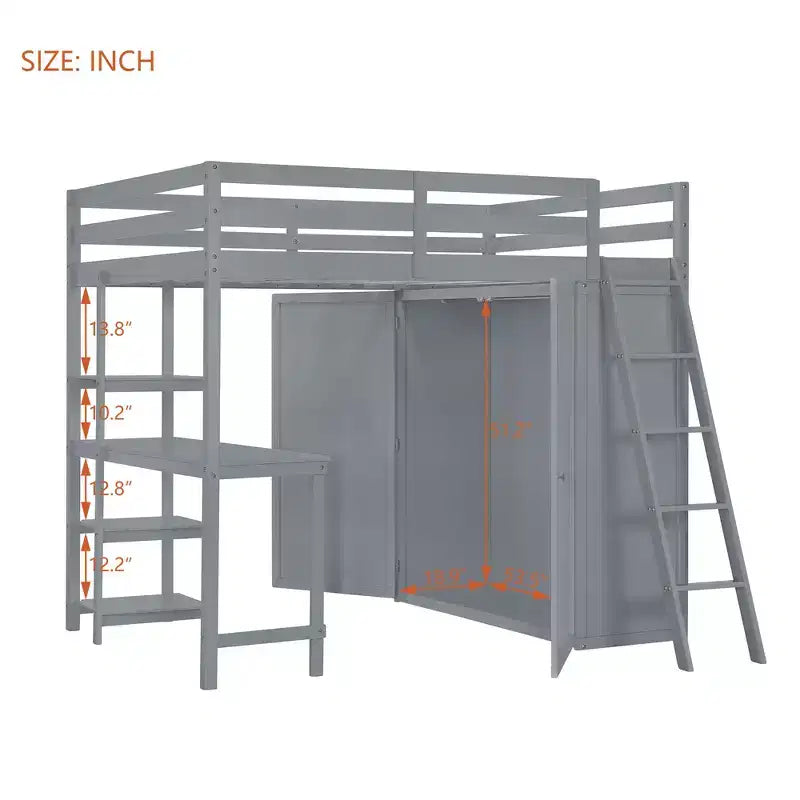 Letto a soppalco full size per bambini con armadio e scrivania, struttura a soppalco alta full in legno con mensole portaoggetti